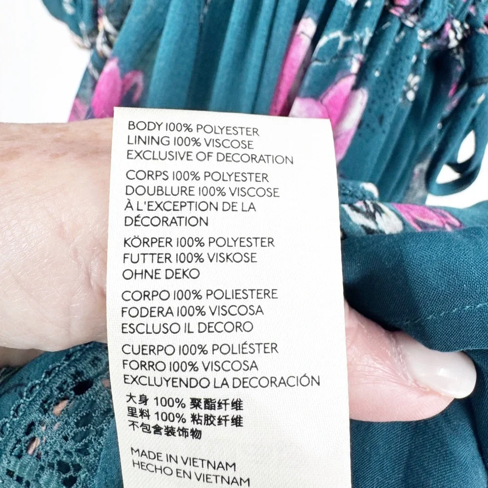 Free‎ People Teal Floral V-Neck Mini Dress OB1235281 Long Sleeve Boho XS - Picture 8 of 9